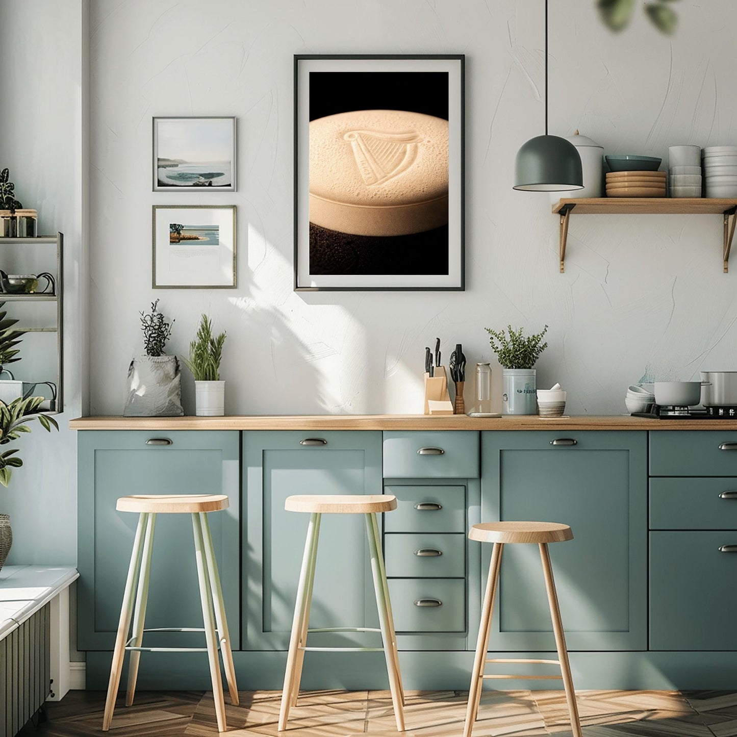 A vertical macro photograph of the thick, creamy foam head on a pint of Guinness. The iconic Guinness harp is embossed into the center of the velvety bubbles. The image features warm cream tones against a dark, shadowy background.
