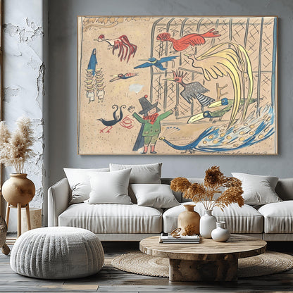 A horizontal whimsical illustration in a sketchy watercolor style. In the center, a large bird cage with diamond-patterned wire houses several exotic birds, including a large yellow bird with a long tail and a speckled grey bird. In the foreground, a blue peacock with spread feathers stands near a girl in a green coat and black hat. Other vibrant birds in red and blue fly throughout the scene. In the background, a nun leads a group of young girls in white coats.