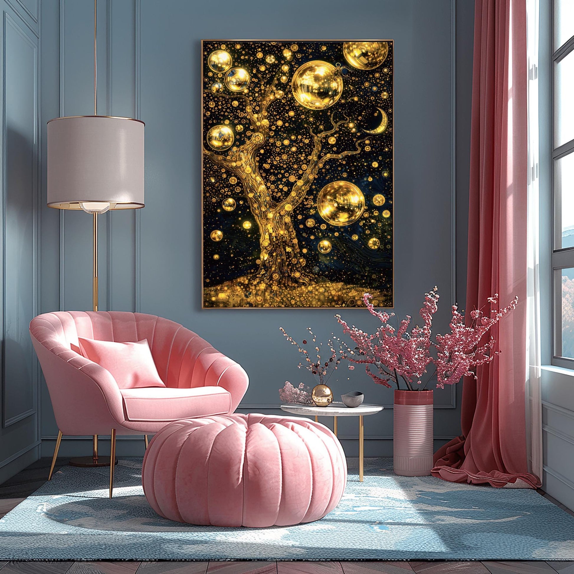 A vertical fine art print in the style of Gustav Klimt. A large, gnarled tree made of gold leaf stands against a dark navy sky filled with thousands of golden stardust dots. Large, glowing golden spheres hang from the branches like fruit. A patterned crescent moon is visible in the top right.