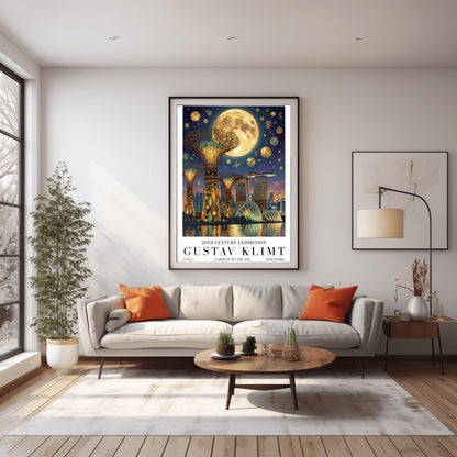 A vertical museum exhibition poster in the style of Gustav Klimt. The Supertree Grove of Singapore's Gardens by the Bay is rendered at night with intricate gold mosaic trunks. A massive moon hangs in a purple and indigo sky filled with golden symbols. Bold black text at the bottom reads "GUSTAV KLIMT" and "GARDENS BY THE BAY."