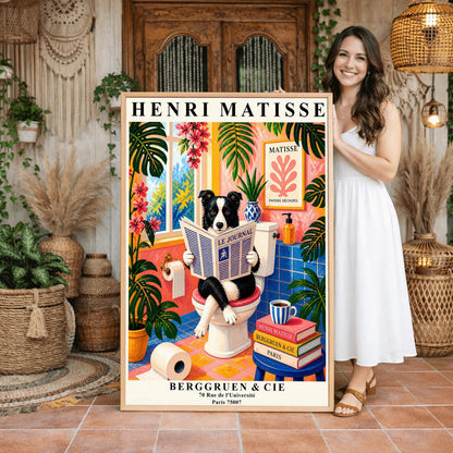 A vertical maximalist art print designed as a Henri Matisse exhibition poster. A black and white Border Collie is sitting on a white toilet with its legs crossed, holding and reading a newspaper titled "Le Journal." The bathroom is vibrantly colored with pink walls, blue wall tiles, and a pink and yellow checkered floor. The room is filled with large green tropical plants and red flowers. A stack of art books and a striped mug sit on a blue stool.