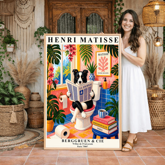 A vertical maximalist art print designed as a Henri Matisse exhibition poster. A black and white Border Collie is sitting on a white toilet with its legs crossed, holding and reading a newspaper titled "Le Journal." The bathroom is vibrantly colored with pink walls, blue wall tiles, and a pink and yellow checkered floor. The room is filled with large green tropical plants and red flowers. A stack of art books and a striped mug sit on a blue stool.