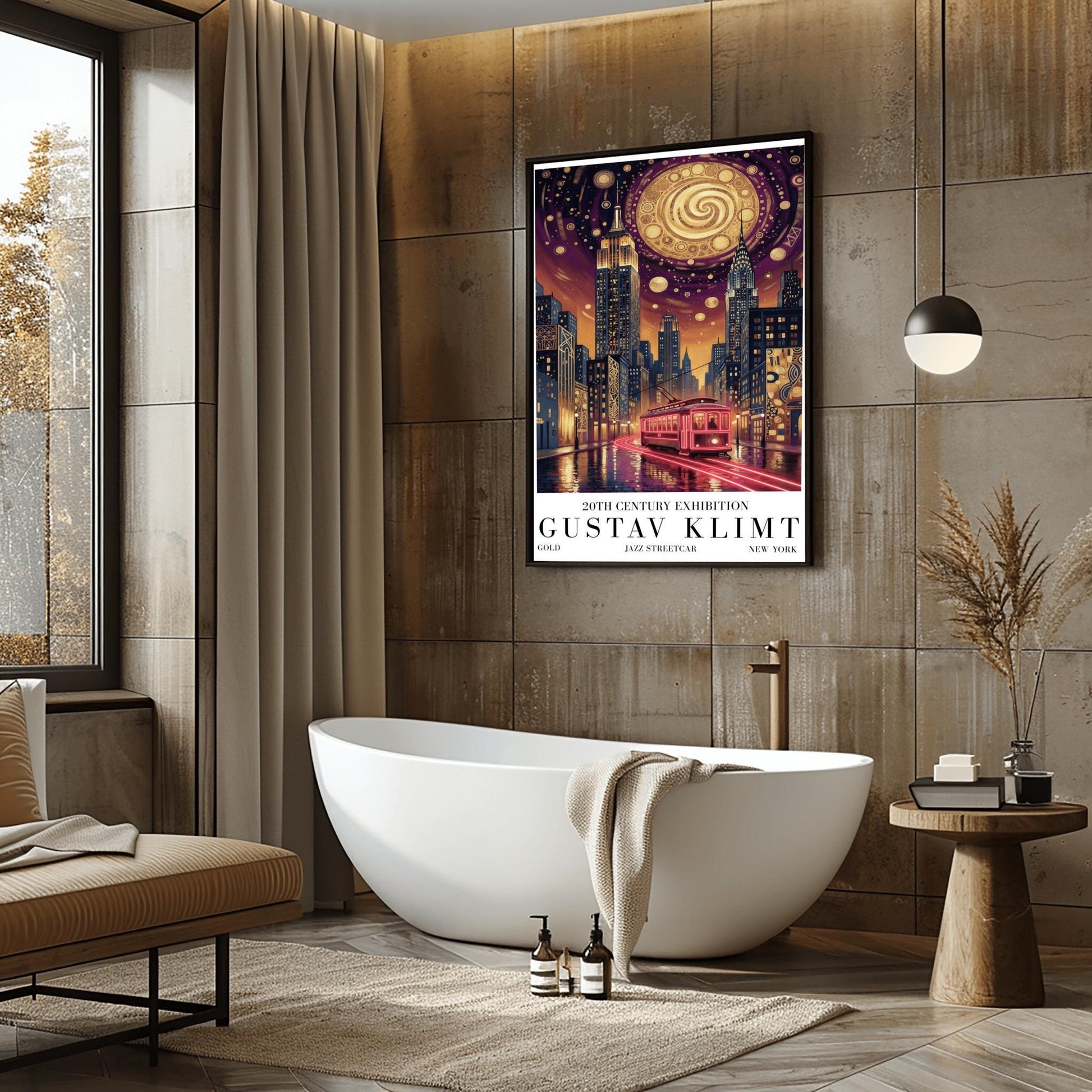 A vertical museum exhibition poster in the style of Gustav Klimt. A glowing red streetcar travels down a New York City street toward the Empire State Building and Chrysler Building at night. The sky is dark purple with a massive golden mosaic moon. Bold black text at the bottom reads "GUSTAV KLIMT" and "JAZZ STREETCAR."