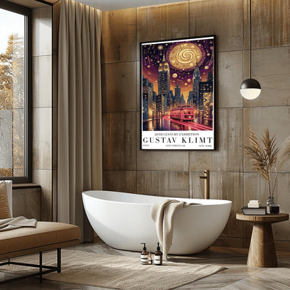 A vertical museum exhibition poster in the style of Gustav Klimt. A glowing red streetcar travels down a New York City street toward the Empire State Building and Chrysler Building at night. The sky is dark purple with a massive golden mosaic moon. Bold black text at the bottom reads "GUSTAV KLIMT" and "JAZZ STREETCAR."