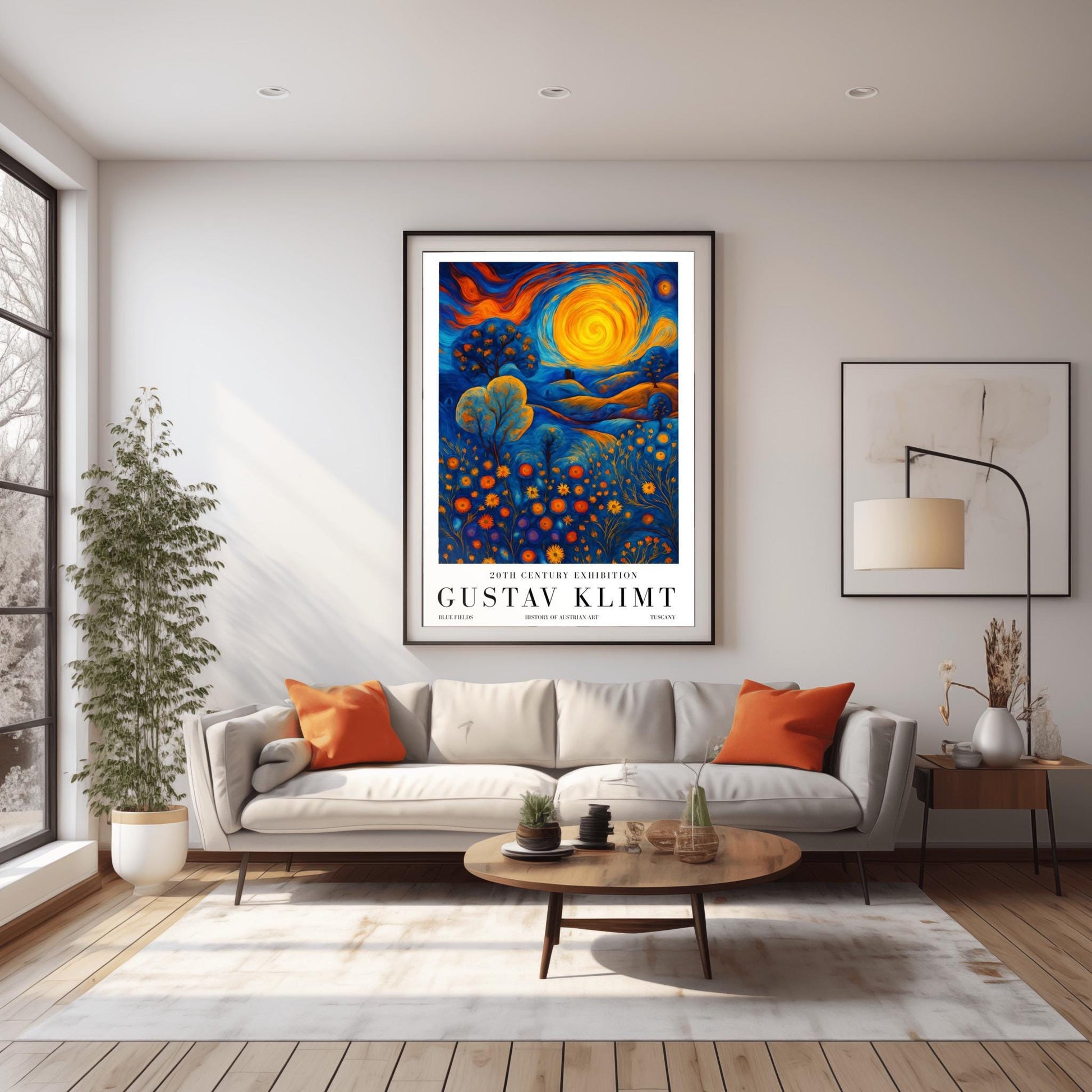 A vertical museum exhibition poster in the style of Gustav Klimt. A large, swirling golden sun sits in a sky of orange and blue clouds over rolling blue hills. The foreground is a meadow of orange circular flowers. Below the image, bold black text reads "GUSTAV KLIMT" and "BLUE FIELDS" on a white border.