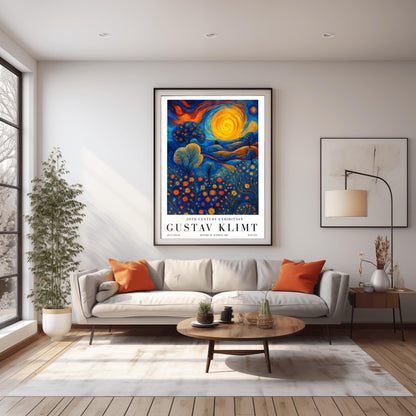 A vertical museum exhibition poster in the style of Gustav Klimt. A large, swirling golden sun sits in a sky of orange and blue clouds over rolling blue hills. The foreground is a meadow of orange circular flowers. Below the image, bold black text reads "GUSTAV KLIMT" and "BLUE FIELDS" on a white border.