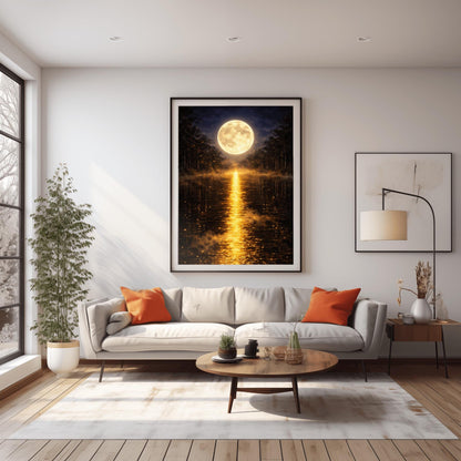 A vertical Art Nouveau-style illustration of a calm lake at night. A large, radiant golden moon is centered in the sky, reflecting a long, shimmering path of golden light vertically down the water. The shoreline is silhouetted by dark trees and a golden mist filled with fireflies.