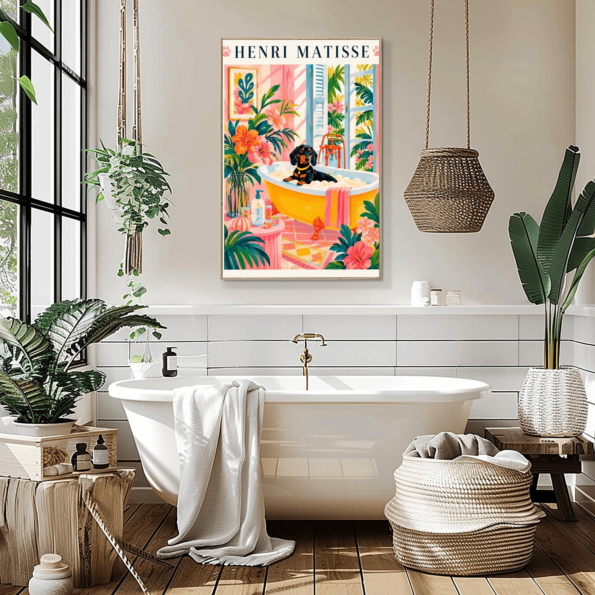 A vertical minimalist fine art exhibition poster in the style of Henri Matisse, bordered by a wide white frame margin. In the center, a simple black line drawing illustrates a Dachshund sitting inside a vintage white clawfoot bathtub. The composition is flanked by large, flat abstract paper-cut shapes, including an organic royal blue botanical frond on the left and a terracotta red coral cutout on the right against a solid white background.