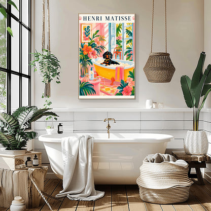 A vertical minimalist fine art exhibition poster in the style of Henri Matisse, bordered by a wide white frame margin. In the center, a simple black line drawing illustrates a Dachshund sitting inside a vintage white clawfoot bathtub. The composition is flanked by large, flat abstract paper-cut shapes, including an organic royal blue botanical frond on the left and a terracotta red coral cutout on the right against a solid white background.