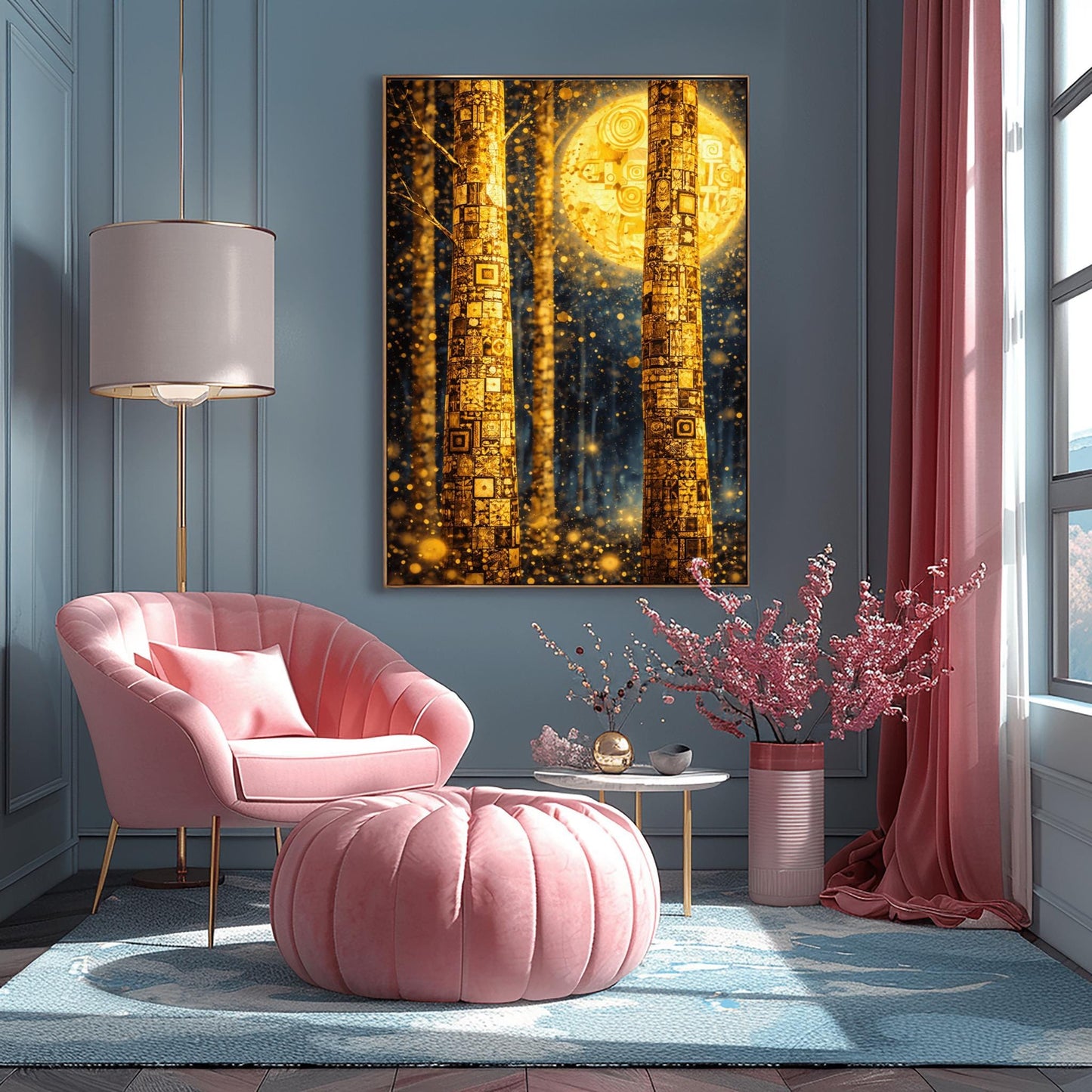 A vertical art print in the style of Gustav Klimt. Two tall tree trunks in the foreground are covered in a dense, golden mosaic of squares, circles, and intricate geometric patterns. In the background, a large, glowing golden moon with swirling patterns hangs in a dark blue forest. The entire scene is filled with shimmering golden light particles and soft bokeh orbs, creating a luminous and magical atmosphere.