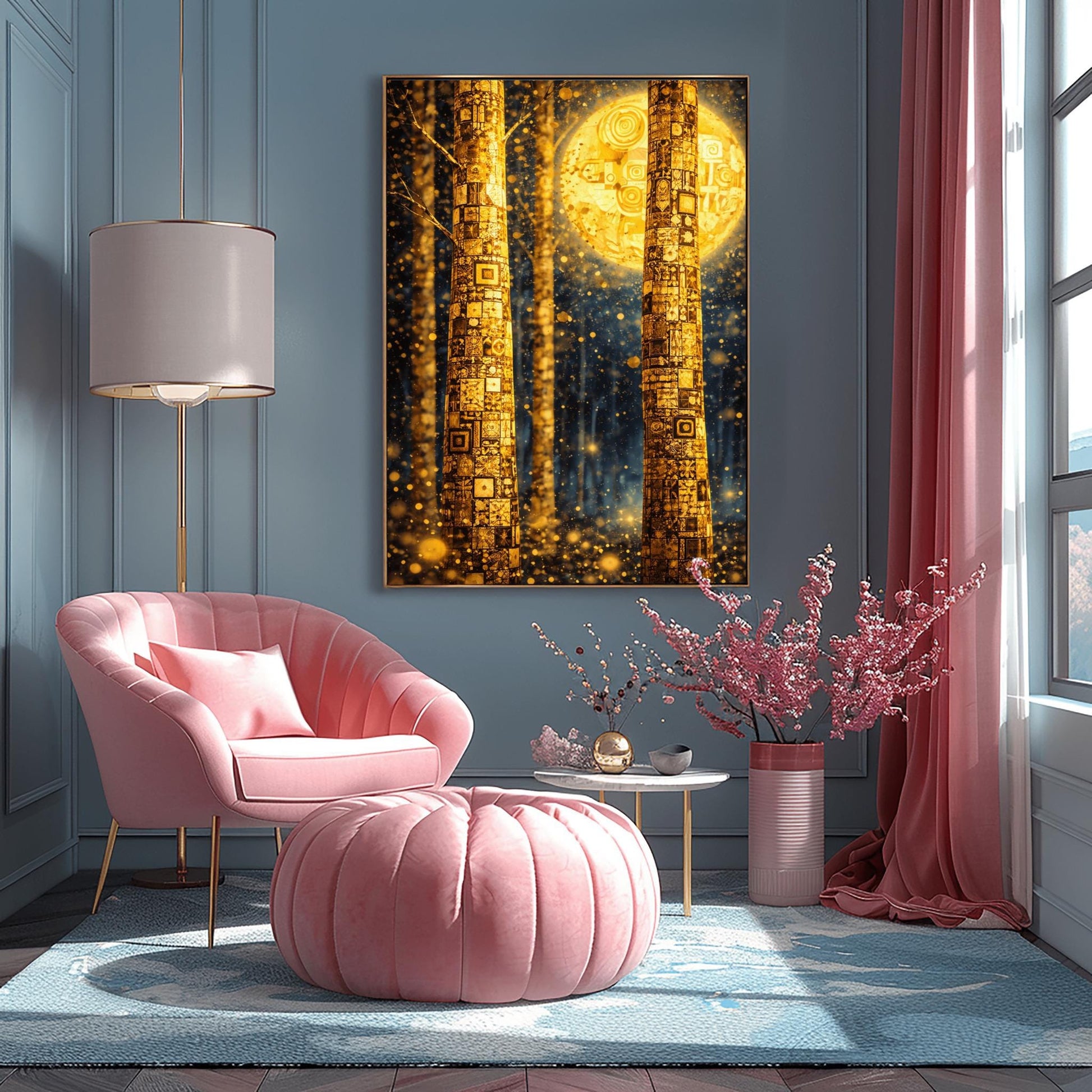 A vertical art print in the style of Gustav Klimt. Two tall tree trunks in the foreground are covered in a dense, golden mosaic of squares, circles, and intricate geometric patterns. In the background, a large, glowing golden moon with swirling patterns hangs in a dark blue forest. The entire scene is filled with shimmering golden light particles and soft bokeh orbs, creating a luminous and magical atmosphere.