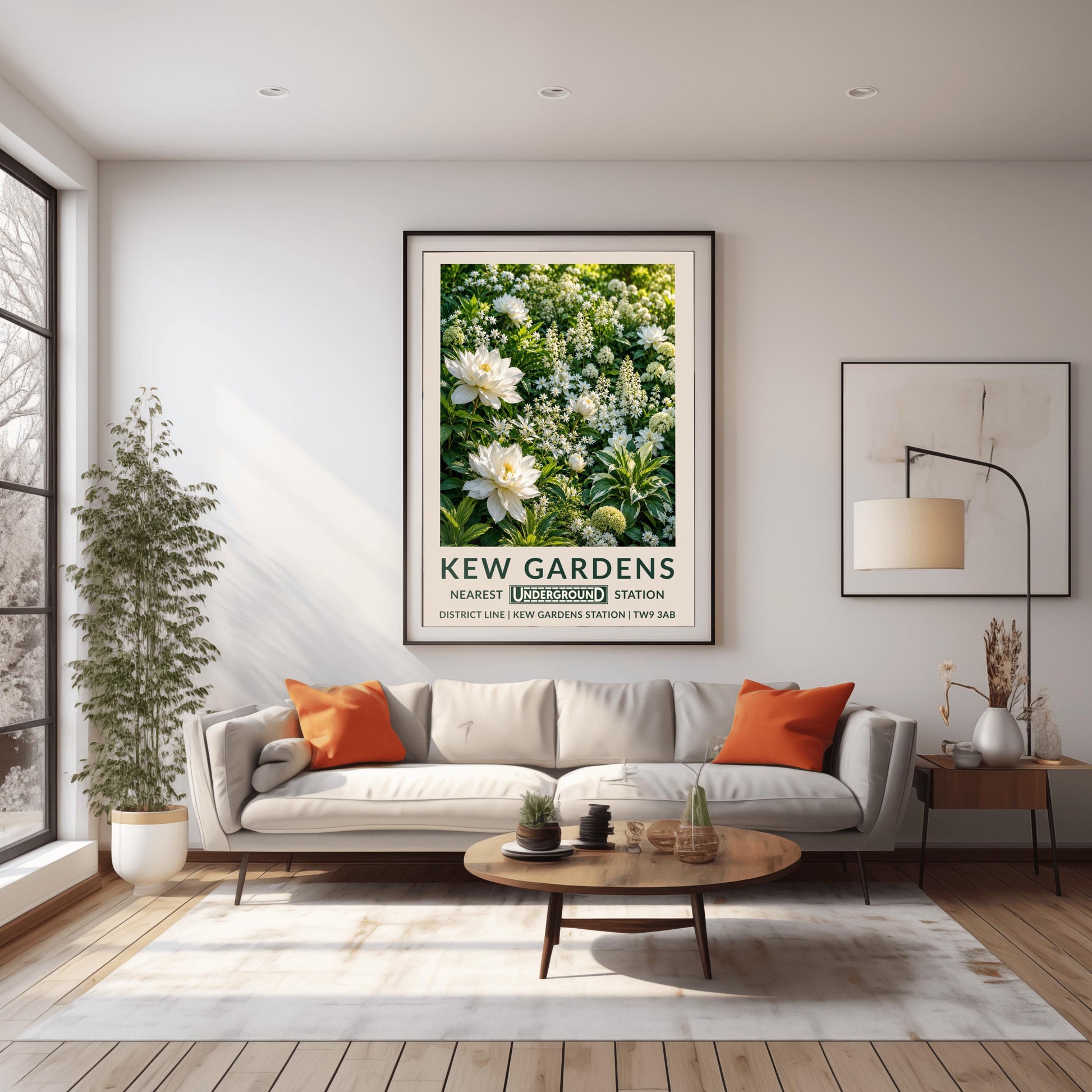 A vertical retro London Underground travel poster for Kew Gardens on a wide cream border. The top image shows a close-up, highly detailed illustration of a dense summer garden border entirely filled with white flowers. Two large, fully bloomed white dahlias with soft yellow centers dominate the lower left side. The background is packed with starry white wildflowers, vertical white flower spires, round chartreuse hydrangeas, and variegated green-and-white leaves.