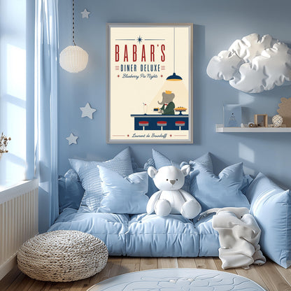 A minimalist graphic vintage-style poster on a solid cream background titled "BABAR'S DINER DELUXE - Blueberry Pie Nights" in bold red and blue typography. At the bottom right, the cartoon elephant King Babar wears a green suit and gold crown behind a dark blue counter. A single blue hanging lamp projects a sharp triangle of yellow light over him as he holds a plate with a slice of blueberry pie. On the counter sit three red-topped stools, a vintage milkshake, and a whole pie on a stand.