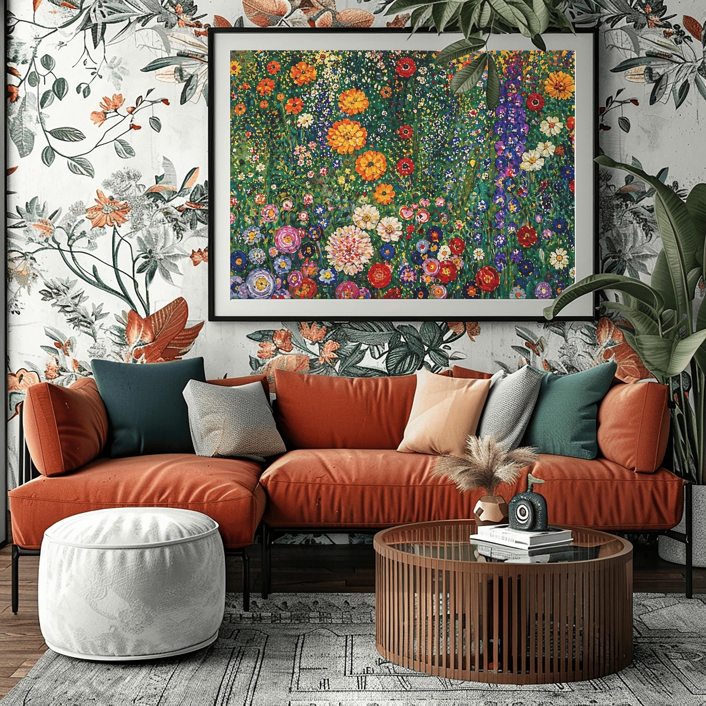 A horizontal art print featuring a dense and vibrant field of wildflowers in the style of Gustav Klimt. The image is a maximalist mosaic of colors, with large orange and red flowers, tall purple stalks, and small white and yellow daisies packed tightly together. The background is a lush, dappled green. The painting style uses small, thick brushstrokes to create a textured, tapestry-like effect across the entire surface.