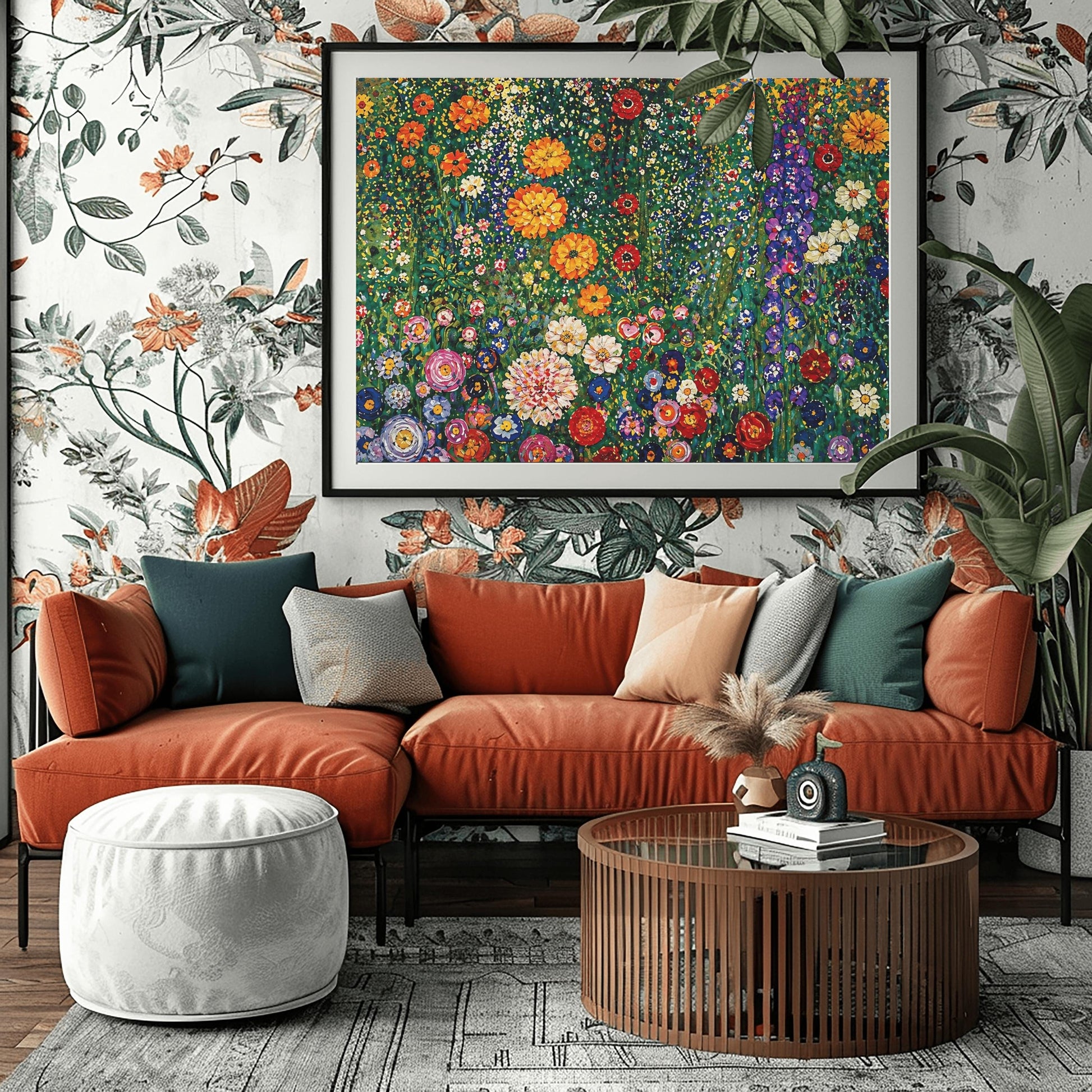 A horizontal art print featuring a dense and vibrant field of wildflowers in the style of Gustav Klimt. The image is a maximalist mosaic of colors, with large orange and red flowers, tall purple stalks, and small white and yellow daisies packed tightly together. The background is a lush, dappled green. The painting style uses small, thick brushstrokes to create a textured, tapestry-like effect across the entire surface.