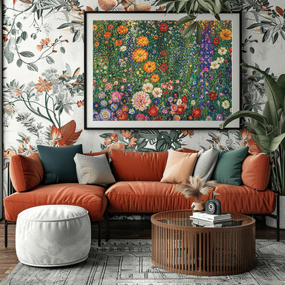 A horizontal art print featuring a dense and vibrant field of wildflowers in the style of Gustav Klimt. The image is a maximalist mosaic of colors, with large orange and red flowers, tall purple stalks, and small white and yellow daisies packed tightly together. The background is a lush, dappled green. The painting style uses small, thick brushstrokes to create a textured, tapestry-like effect across the entire surface.