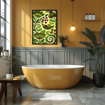 A vertical botanical art print in a modern folk style. A stylized bird with green and purple stripes is perched among thick, swirling green vines and large, pointed leaves. Clusters of dark purple berries and round brown seed pods are scattered throughout the composition. The background is a soft yellow-green, and the entire image is filled with intricate, hand-painted textures and circular patterns.