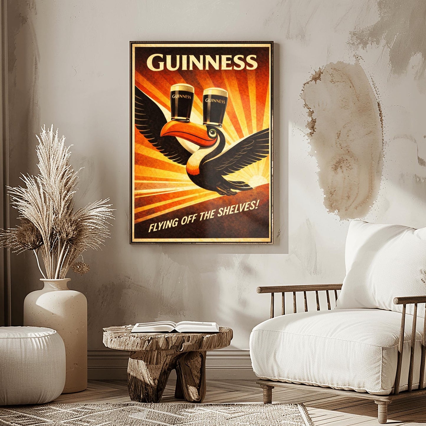 A vertical vintage-style advertising poster for Guinness. A toucan flies upward towards the top left, balancing two pints of beer on its beak. A large orange sunburst radiates from the bottom right background. Text at the top reads "GUINNESS" and the bottom reads "FLYING OFF THE SHELVES!"