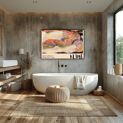 A horizontal museum exhibition poster featuring Gustav Klimt's 1907 painting "Water Serpents II." Reclining female figures are surrounded by a sea of golden spirals, blue and purple flowers, and ornate patterns. The bottom border is cream with bold black text reading "WATER SERPENTS II" and "KLIMT."
