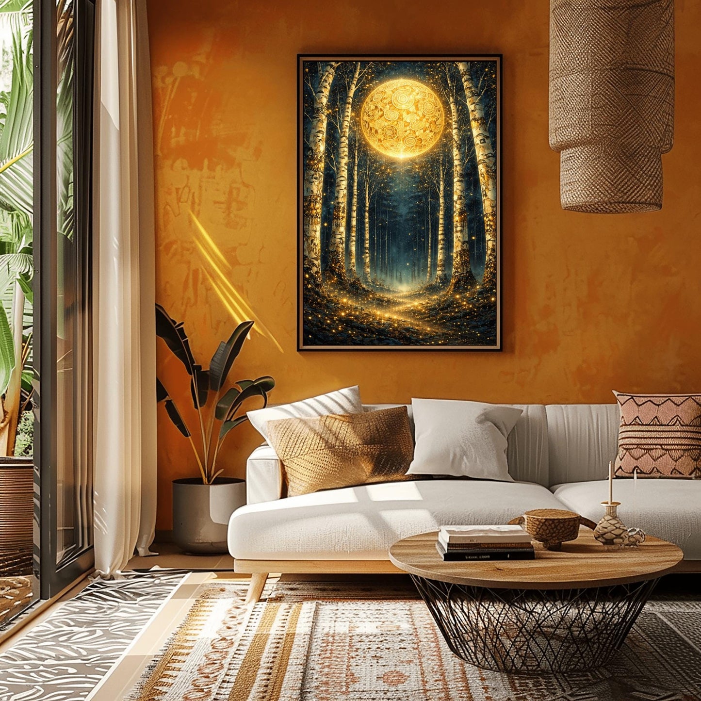 A vertical digital illustration of a birch forest at night. A large, ornate golden moon with swirling patterns glows at the end of a path. The white birch trees are speckled with gold. The ground is covered in sparkling golden lights against a deep dark blue background.