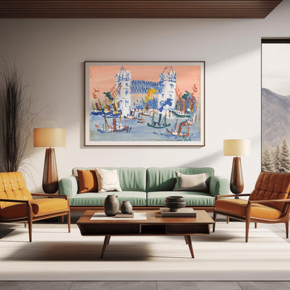 A horizontal expressionist painting of Tower Bridge in London by Jean Dufy. The bridge is rendered in white and blue lines against a coral pink sky. The River Thames in the foreground is filled with many small, sketchy blue and brown boats with smoke stacks.