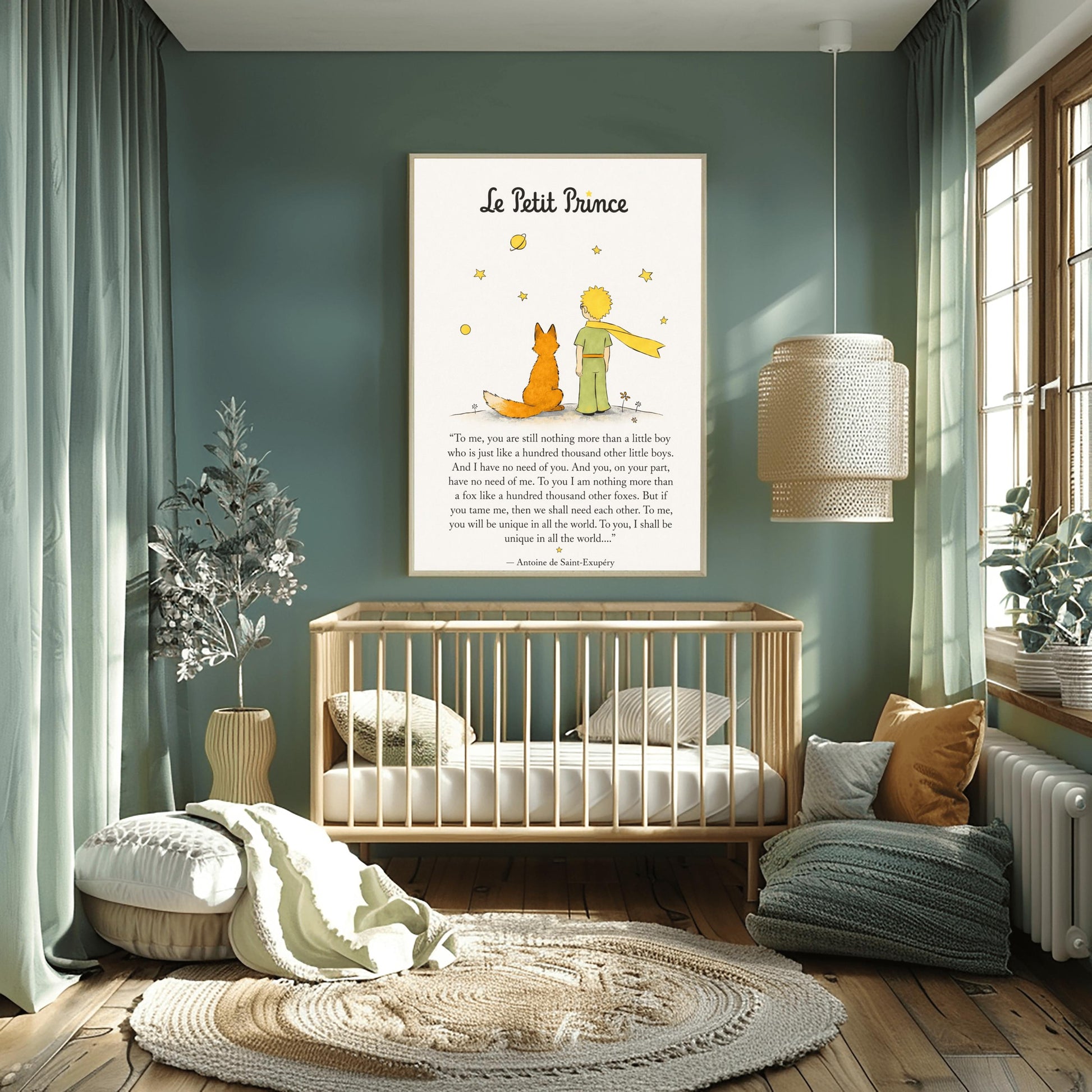 A vertical art print featuring a minimalist illustration of the Little Prince and the Fox from behind. The Prince wears a green suit and a long, flowing yellow scarf, standing next to an orange fox on a small grey mound. Above them are several simple yellow stars and a ringed planet. Below the illustration is a famous quote about "taming" and uniqueness from the book, attributed to Antoine de Saint-Exupéry.
