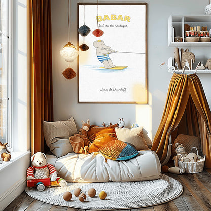 A vertical art print titled "BABAR fait du ski nautique" in yellow letters. A grey elephant, Babar, is wearing blue and white striped swim trunks and a gold crown while water skiing. He is holding onto a tow rope and gliding on two yellow skis over a light blue splash of water. The background is a minimalist cream texture with the name "Jean de Brunhoff" at the bottom.