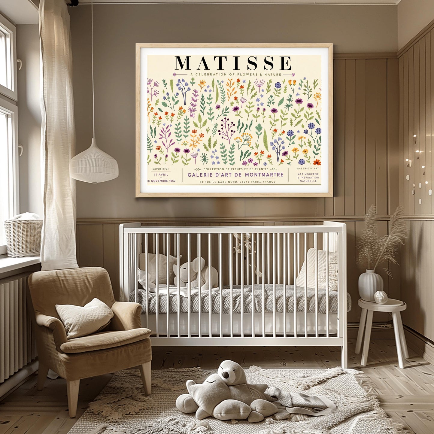 A vertical gallery exhibition poster with a warm cream border. Bold black text at the top reads "HENRI MATISSE". The central artwork is a rectangular block with a solid sand-beige background, featuring a cream silhouette of an abstract, four-petaled flower with a circular center.