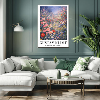 A vertical fine art landscape in the style of Gustav Klimt. A vast valley is filled with a dense sea of pink, red, blue, and white wildflowers. Large pink poppies are in the foreground, and the field stretches back to a hazy, sun-drenched horizon under a soft blue sky.