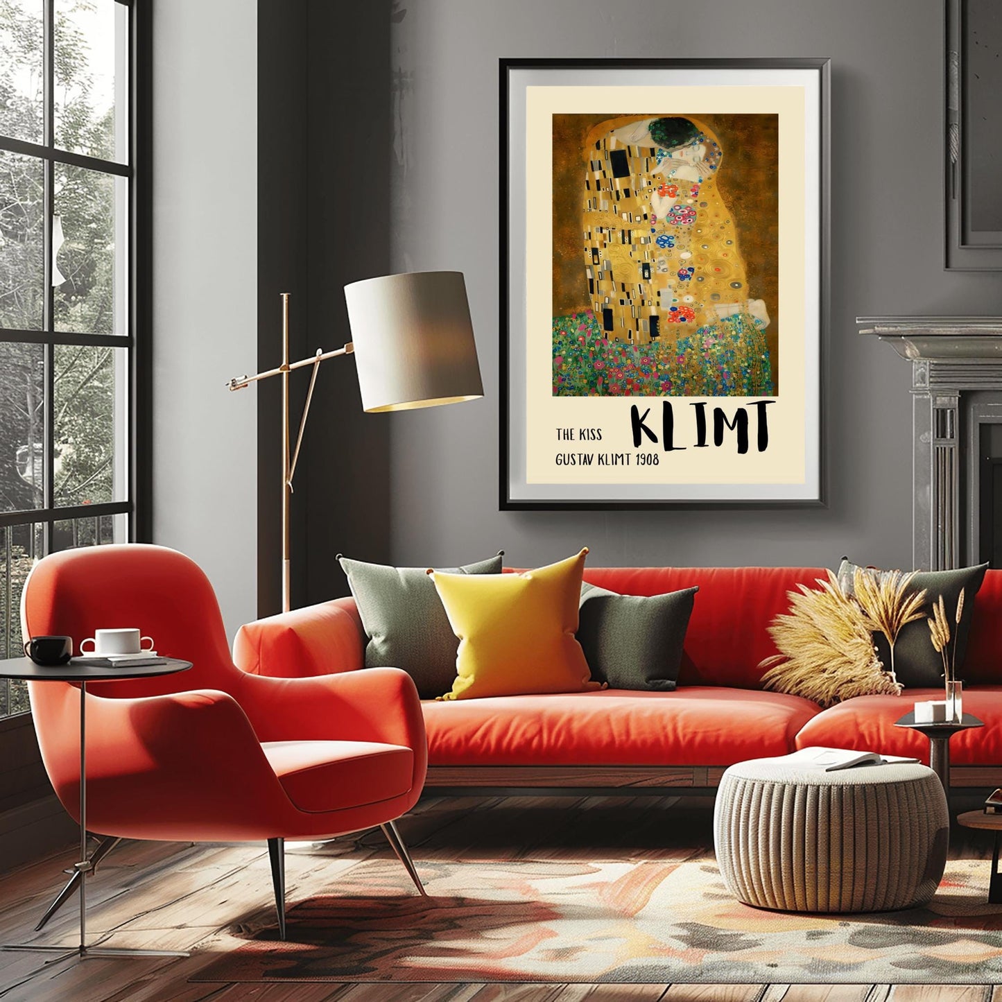 A vertical fine art print of "The Kiss" by Gustav Klimt. Two lovers are shown in an intimate embrace, their bodies covered in elaborate, decorative gold robes. The man's robe features black and white geometric shapes, while the woman's features colorful floral circles. They kneel on a lush bed of colorful wildflowers against a dark, shimmering gold background. The style is rich in mosaic-like patterns and Art Nouveau ornamentation.