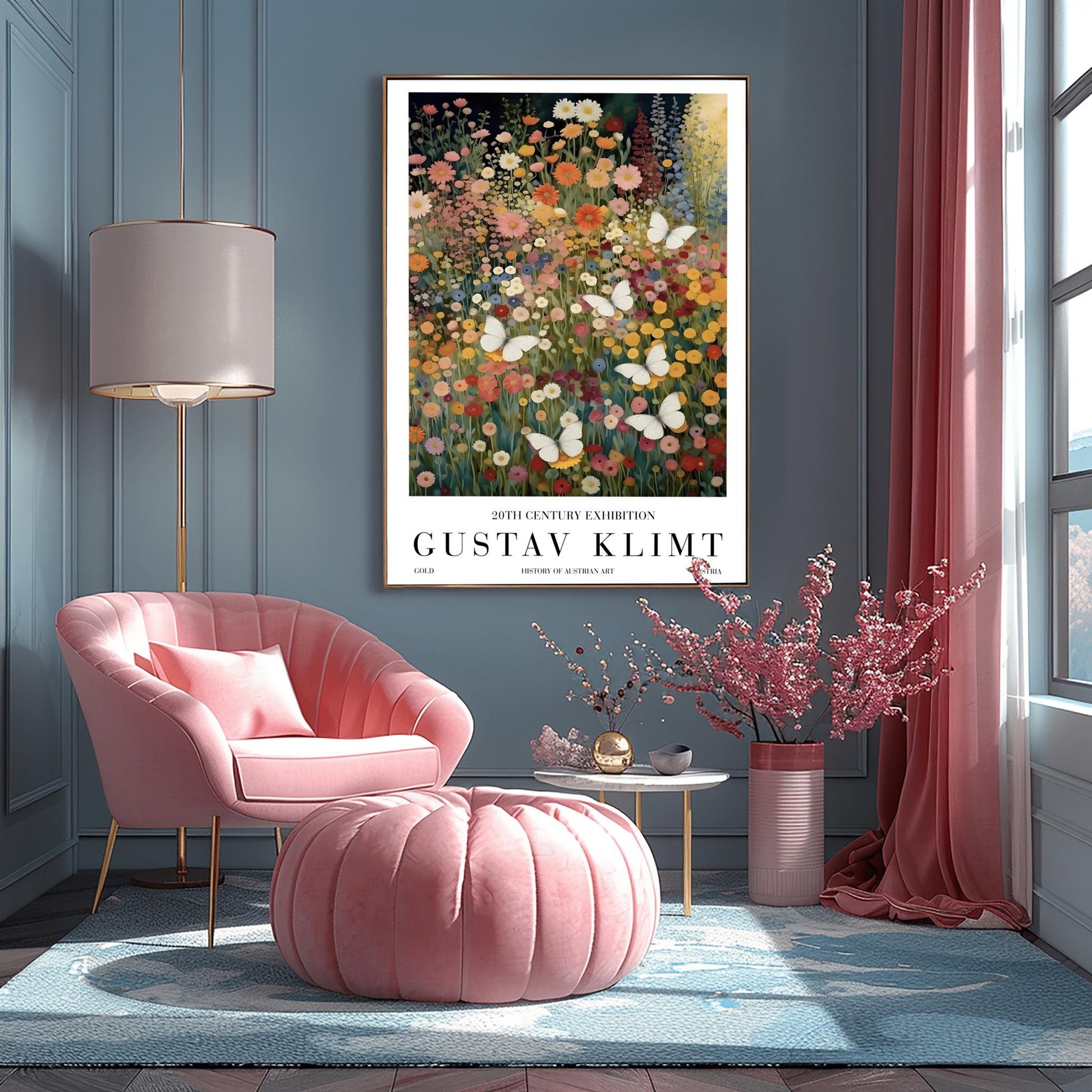 A vertical fine art painting in the style of Gustav Klimt. A dense field of colorful wildflowers in shades of orange, pink, yellow, and red fills the frame. Several large, delicate white butterflies are scattered throughout the meadow, appearing to fly toward a soft golden light in the upper right corner. The style is highly textured with decorative mosaic patterns.