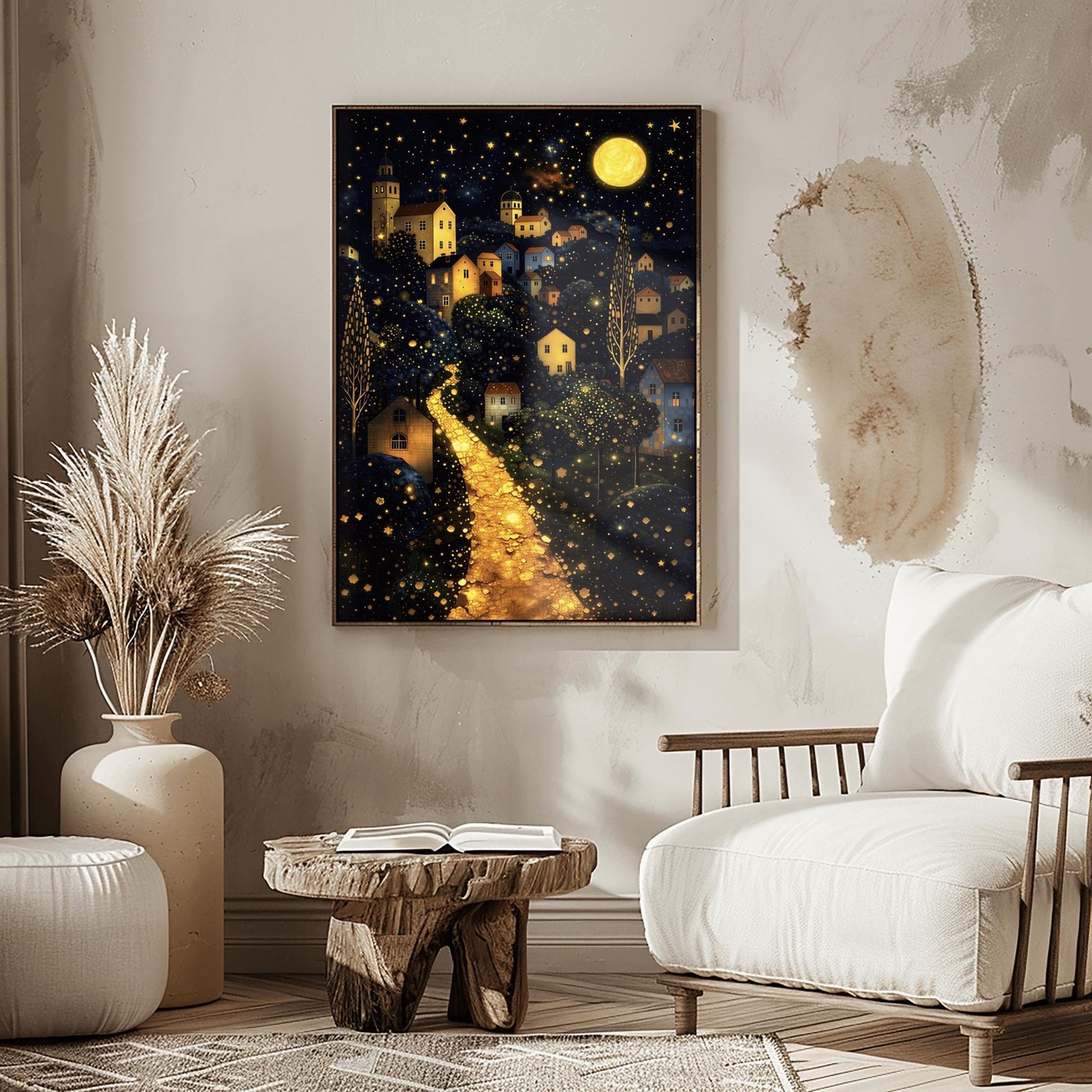 A vertical fine art landscape in the style of Gustav Klimt. A brilliant, glowing golden path winds up a dark hillside toward a village with lit windows. The deep blue night sky is filled with many stars and a large, textured golden moon. The trees are decorated with small, shimmering golden dots.