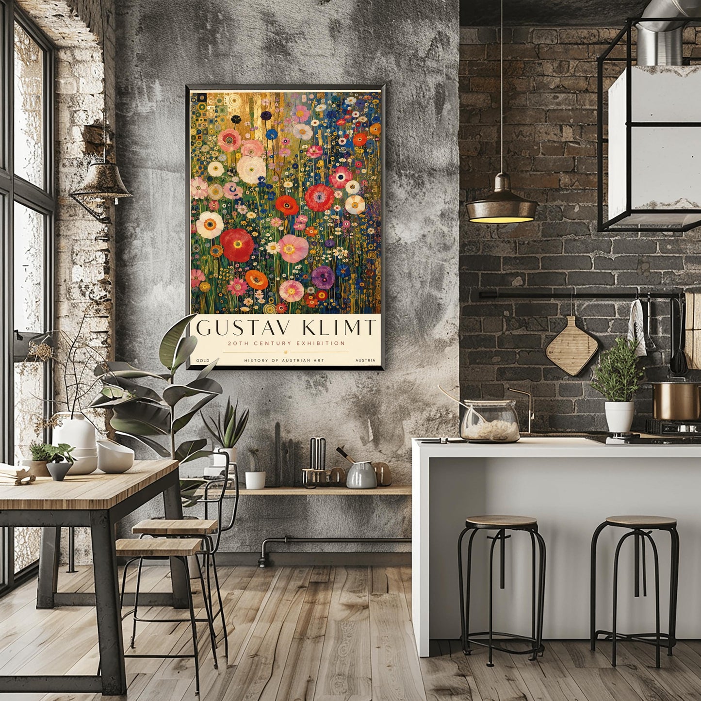 A vertical retro exhibition poster for Gustav Klimt set on a wide ivory border. The central image shows a detailed Art Nouveau illustration of a dense field of tall poppies and wildflowers in shades of red, pink, white, orange, and purple. The background behind the flowers features metallic gold patterns and concentric circles on the left, and a dark blue grid design on the right. The text at the top reads "GUSTAV KLIMT" in a clean black font
