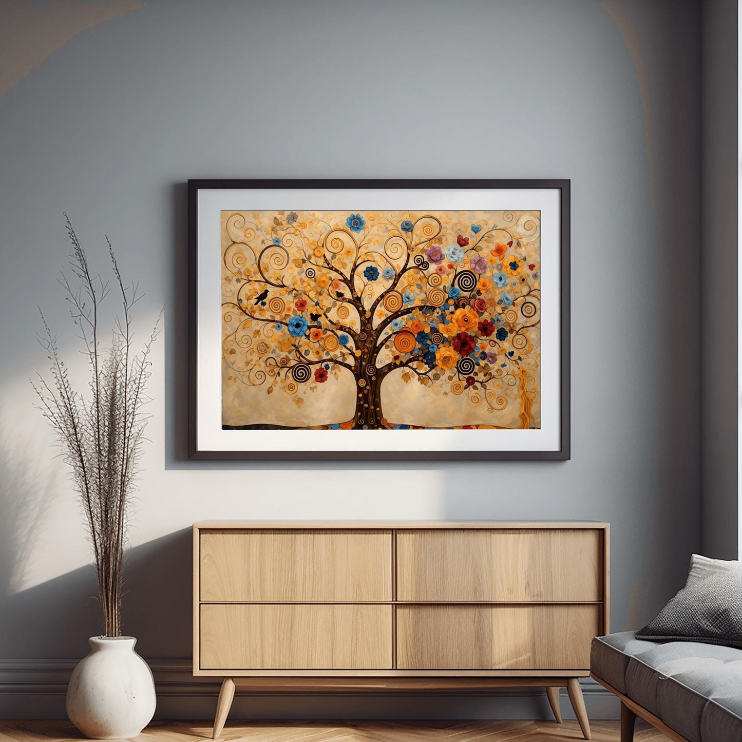 A horizontal fine art print in the style of Gustav Klimt. A large tree with dark branches that curl into golden spirals fills the frame. The tree is decorated with a variety of colorful blue, orange, and red flowers and small black birds. The background is a warm cream color with faint, swirling patterns.
