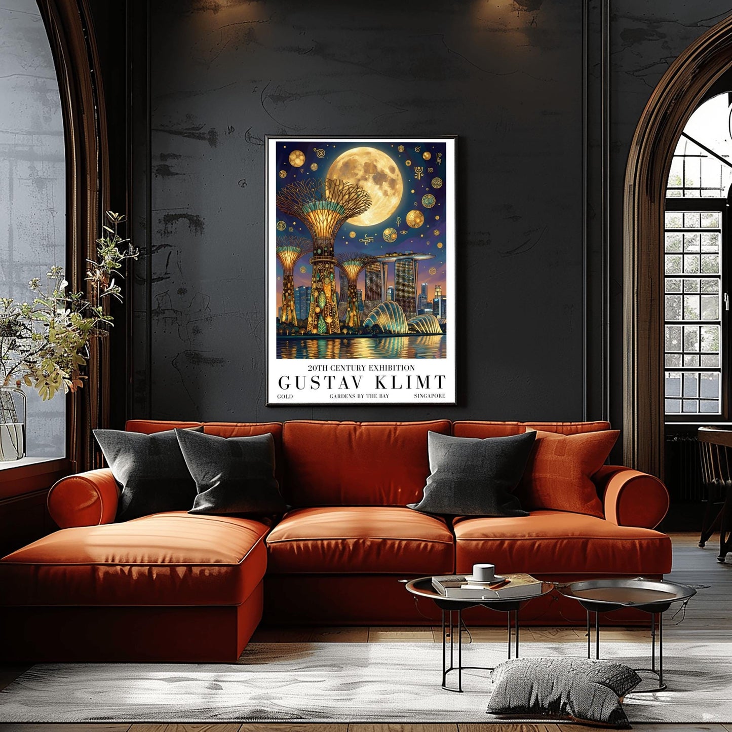 A vertical museum exhibition poster in the style of Gustav Klimt. The Supertree Grove of Singapore's Gardens by the Bay is rendered at night with intricate gold mosaic trunks. A massive moon hangs in a purple and indigo sky filled with golden symbols. Bold black text at the bottom reads "GUSTAV KLIMT" and "GARDENS BY THE BAY."