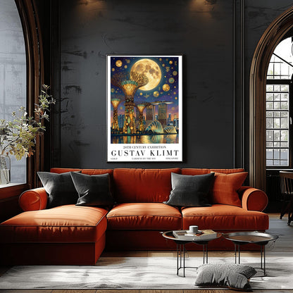 A vertical museum exhibition poster in the style of Gustav Klimt. The Supertree Grove of Singapore's Gardens by the Bay is rendered at night with intricate gold mosaic trunks. A massive moon hangs in a purple and indigo sky filled with golden symbols. Bold black text at the bottom reads "GUSTAV KLIMT" and "GARDENS BY THE BAY."