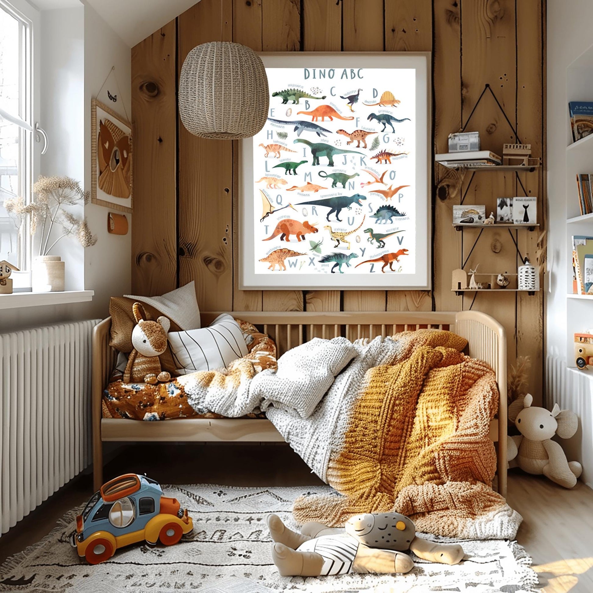 Educational dinosaur alphabet poster for kids featuring A–Z illustrated dinos with names, ideal for nursery or preschool wall decor.