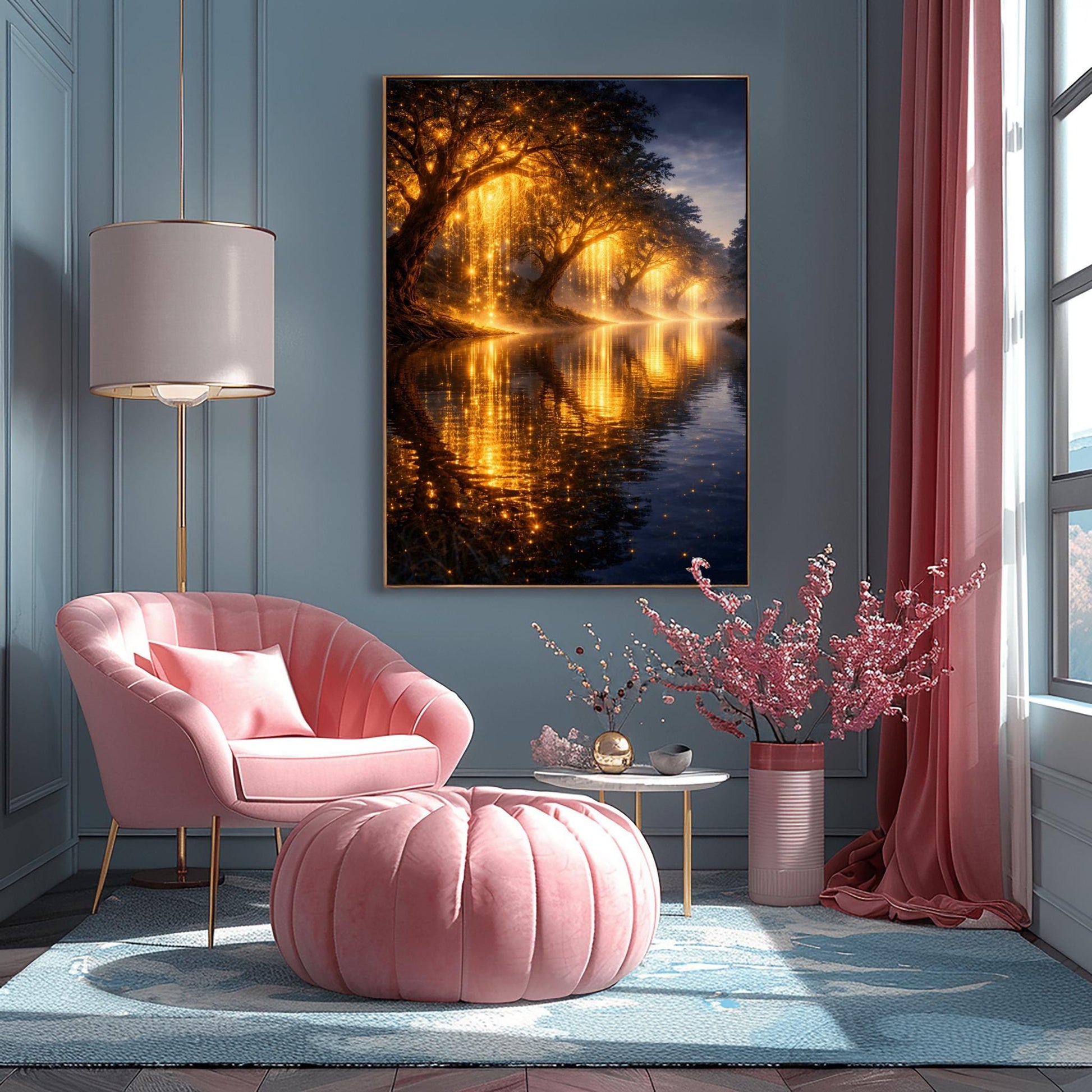 A vertical full-bleed landscape illustration in the style of Gustav Klimt. A row of weeping willow trees with branches made of liquid gold and sparkling embers lines a dark, tranquil river. The golden light reflects brilliantly on the water's surface under a dark twilight sky.