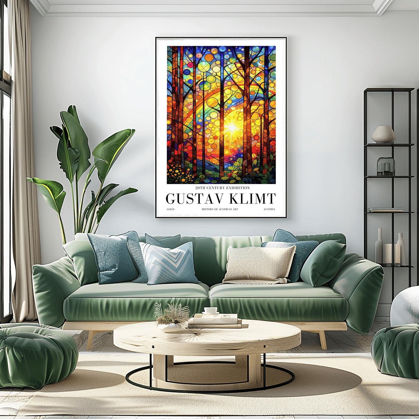 A vertical museum exhibition poster in the style of Gustav Klimt. A bright sun radiates light through a forest where the leaves are represented by colorful circles resembling stained glass. The foreground features detailed flowers and leaves. Bold black text at the bottom reads "GUSTAV KLIMT" and "HISTORY OF AUSTRIAN ART."