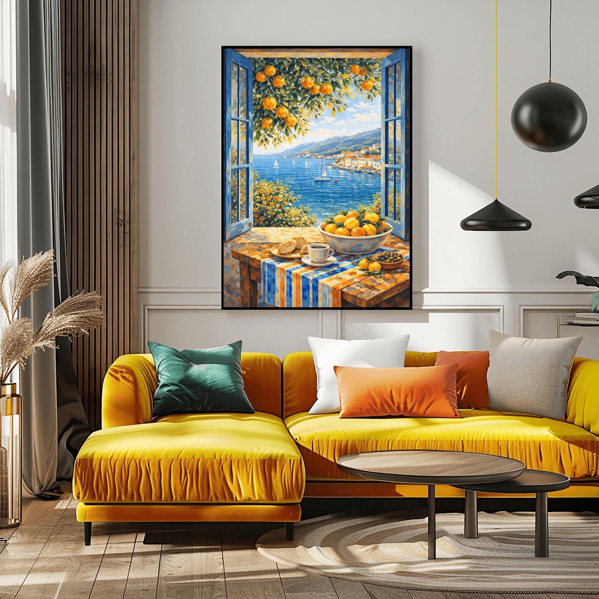 A vertical painterly illustration of a breakfast table in front of an open window with blue shutters. On the table is a cup of coffee, croissants, olives, and a bowl of oranges. Outside the window is a blue sea with sailboats and a coastal town under a bright sky.
