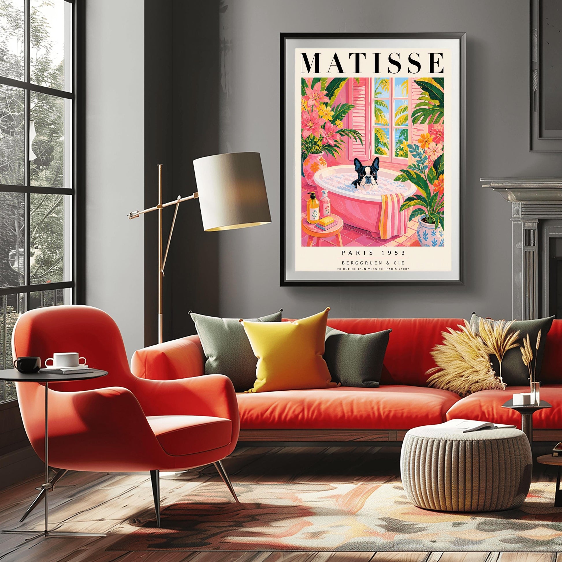 A vertical maximalist art print styled as a Henri Matisse exhibition poster. A black and white Boston Terrier dog sits in a pink bathtub filled with white bubbles. The bathroom features pink tiled floors and walls, decorated with lush green tropical plants and vibrant pink flowers in floral vases. A window with pink shutters in the background looks out onto palm trees and a blue ocean. In the foreground, soap bottles and a yellow bar of soap sit on a small pink stool.