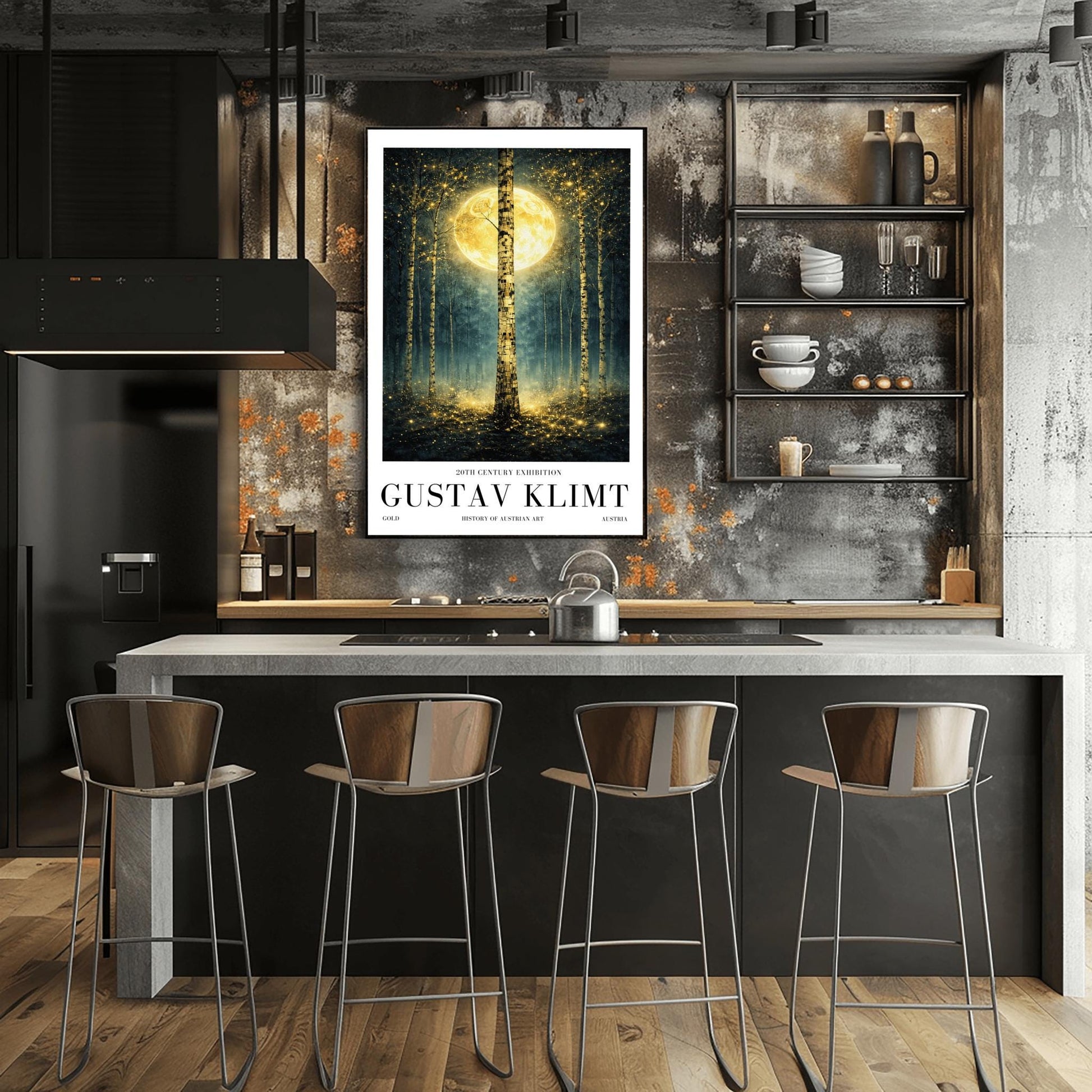 A vertical Art Nouveau-style illustration of a birch forest at night. A large golden moon hangs behind a central birch tree. The forest is filled with teal mist and shimmering golden stardust. The trees have intricate, mosaic-like textures on their bark.