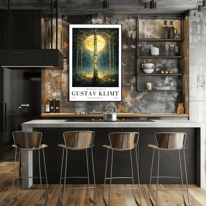 A vertical Art Nouveau-style illustration of a birch forest at night. A large golden moon hangs behind a central birch tree. The forest is filled with teal mist and shimmering golden stardust. The trees have intricate, mosaic-like textures on their bark.
