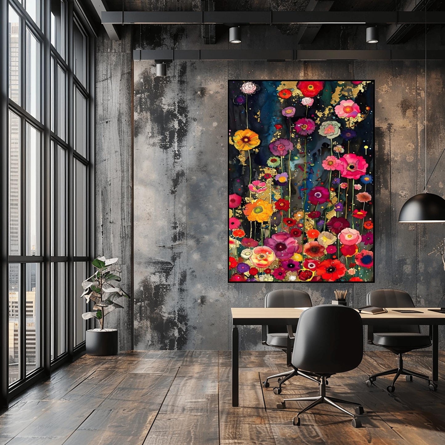 A vertical, highly detailed painting in the style of Gustav Klimt. A dense field of vibrant wildflowers in red, pink, orange, and purple grows against a dark indigo and black background. Shimmering gold-leaf patterns and "rain" effects are woven throughout the flowers. The style is rich in texture with a mosaic-like quality and heavy gold accents.