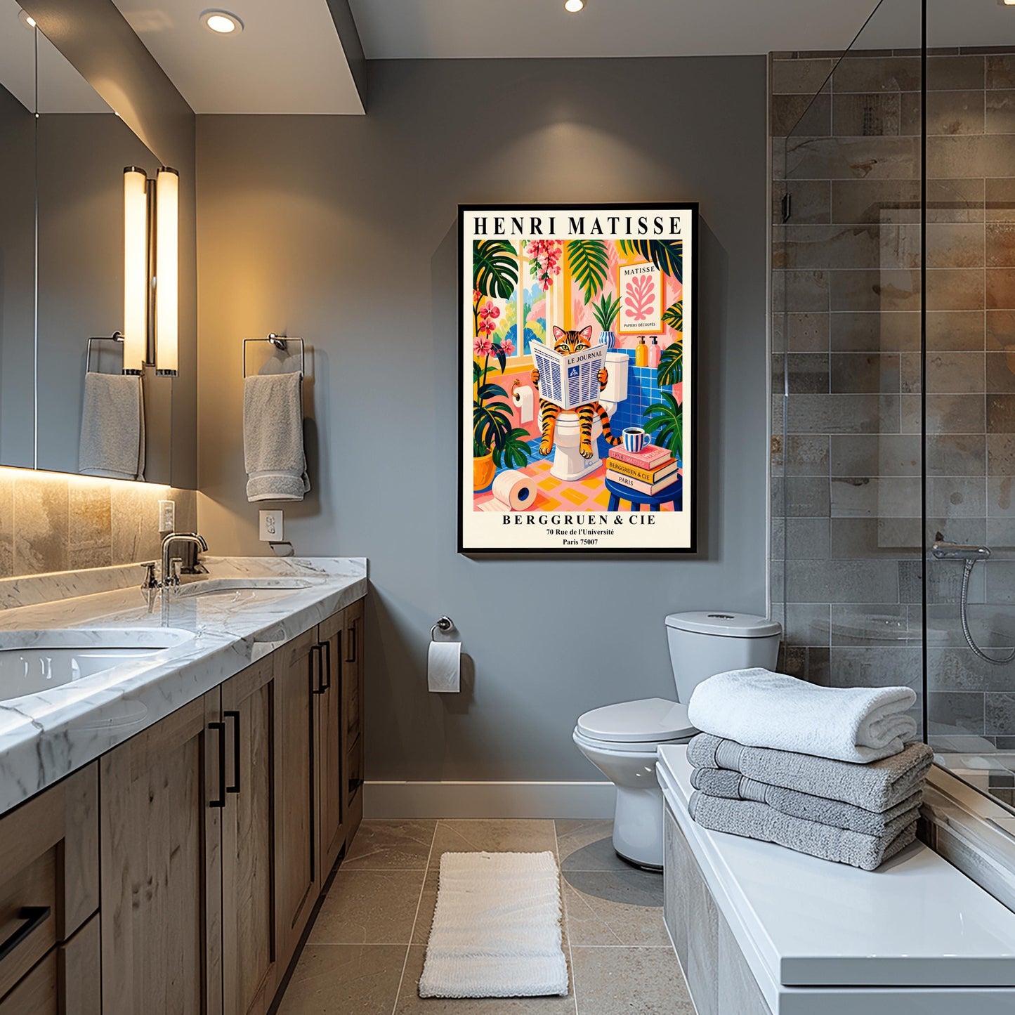 Tabby Cat on Toilet Art Print: Funny Matisse Style Bathroom Wall Art