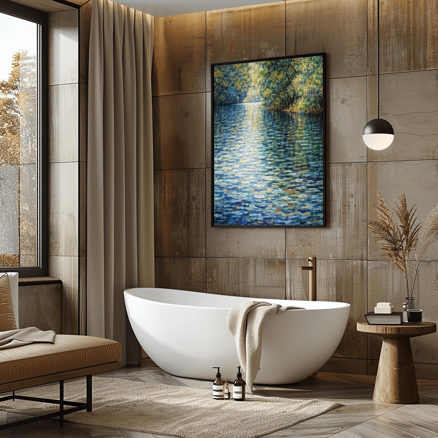 A horizontal landscape art print in the style of Gustav Klimt. A wide river fills the foreground and center, rendered as a shimmering mosaic of deep blue, teal, and white tiles. Bright yellow sunlight reflects off the water at the top, creating a golden glow. The river is bordered on the right by a dense bank of trees with green and gold leaves, also shown in a mosaic or pointillist style.