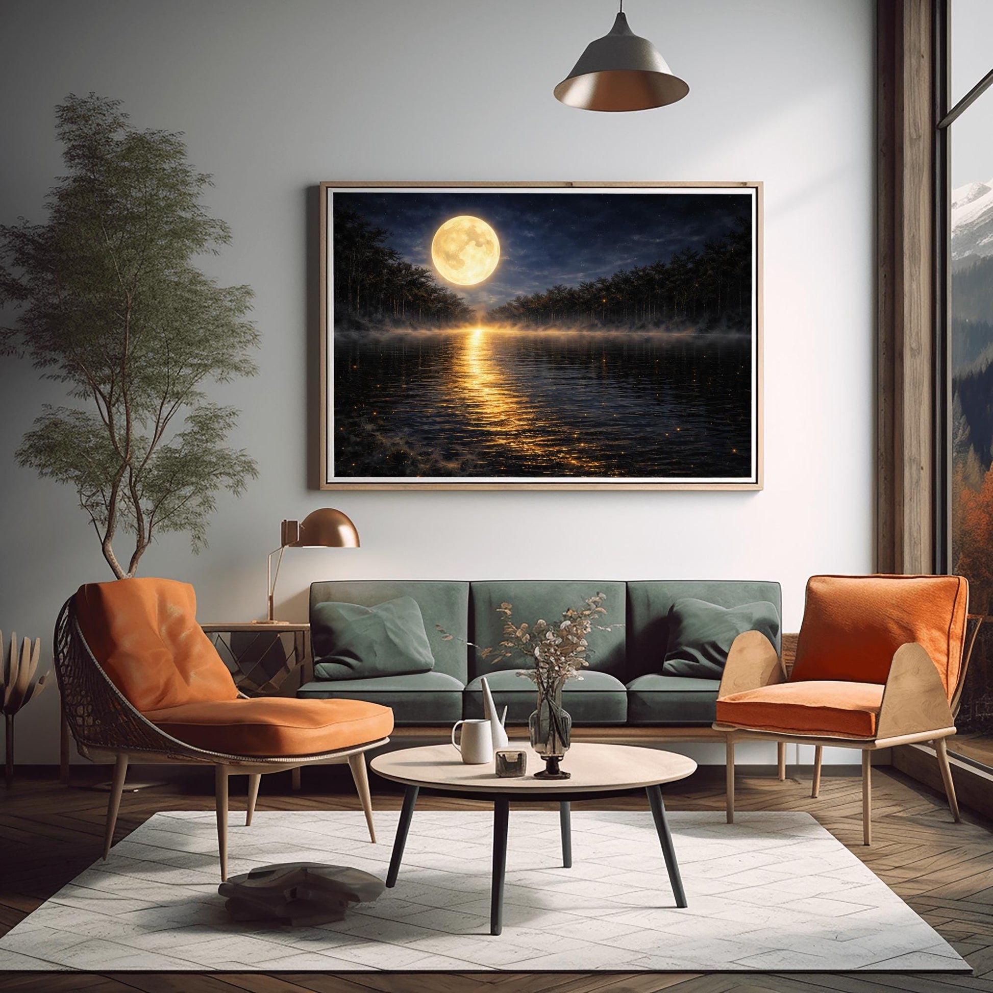A horizontal landscape art print in the style of Gustav Klimt. A large, luminous golden moon hangs in a dark, starlit sky over a calm lake. A brilliant trail of golden light reflects across the dark water toward the viewer. Low-lying mist rolls across the lake's surface, and silhouetted dark trees line the distant shore. The overall color palette is a striking contrast of deep midnight blue and radiant metallic gold.