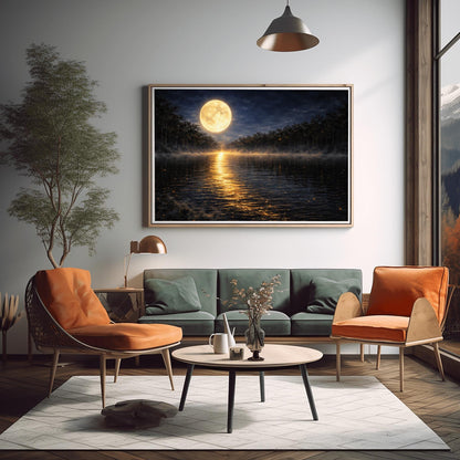 A horizontal landscape art print in the style of Gustav Klimt. A large, luminous golden moon hangs in a dark, starlit sky over a calm lake. A brilliant trail of golden light reflects across the dark water toward the viewer. Low-lying mist rolls across the lake's surface, and silhouetted dark trees line the distant shore. The overall color palette is a striking contrast of deep midnight blue and radiant metallic gold.