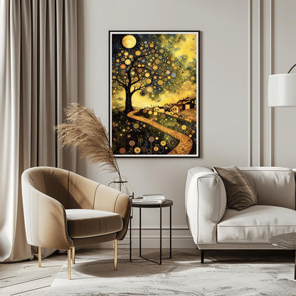 A vertical fine art painting in the style of Gustav Klimt. A large tree on the left is covered in golden concentric circles and spirals. A golden, mosaic-textured path winds through dark hills toward a village with lit windows under a full moon. The sky is dark blue with swirling golden stardust patterns. The foreground is decorated with stylized golden flowers.