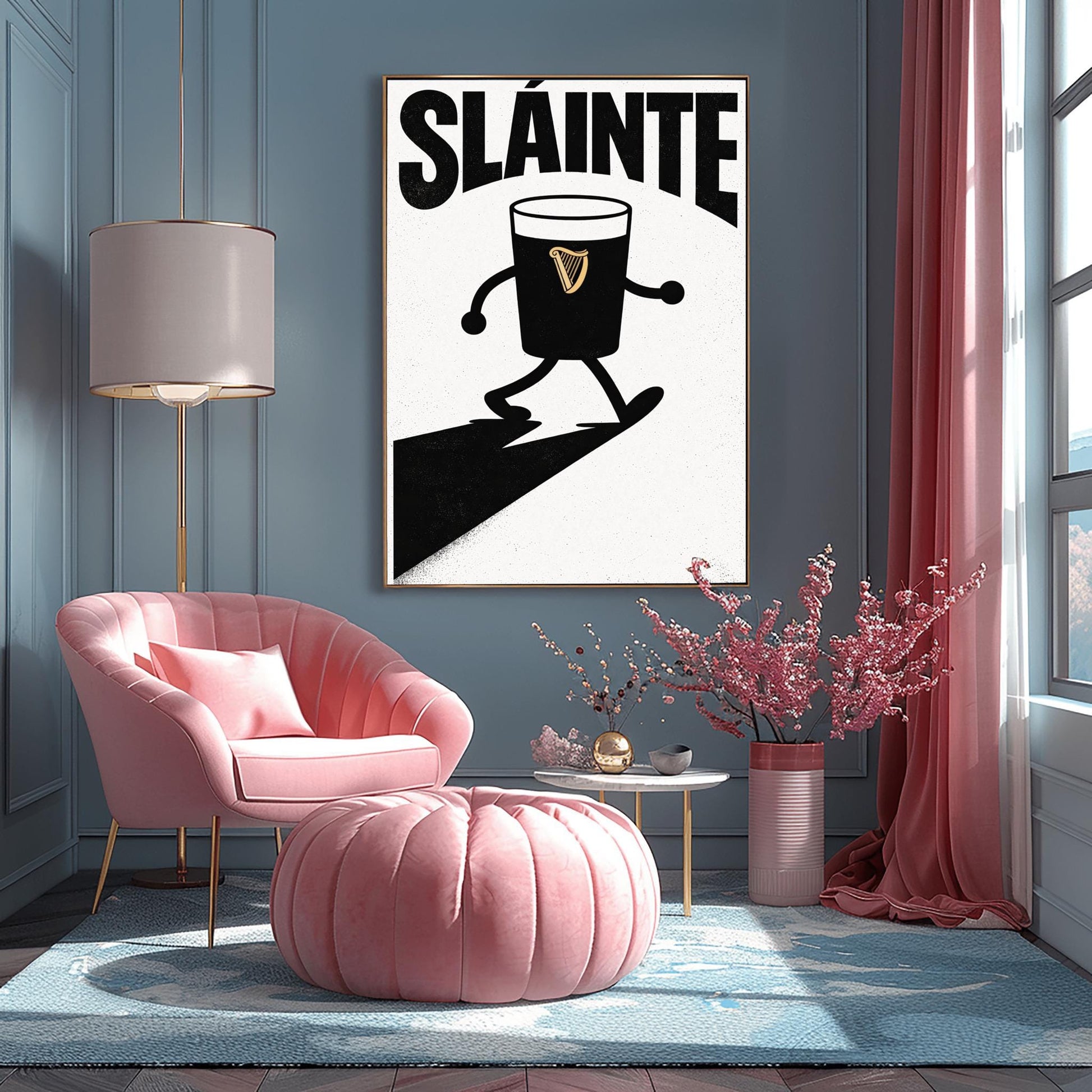 A vertical minimalist graphic in black and white. A pint of Guinness with thin black cartoon arms and legs is shown walking. The word "SLÁINTE" is arched at the top in a bold black font. The pint features a small gold harp logo.